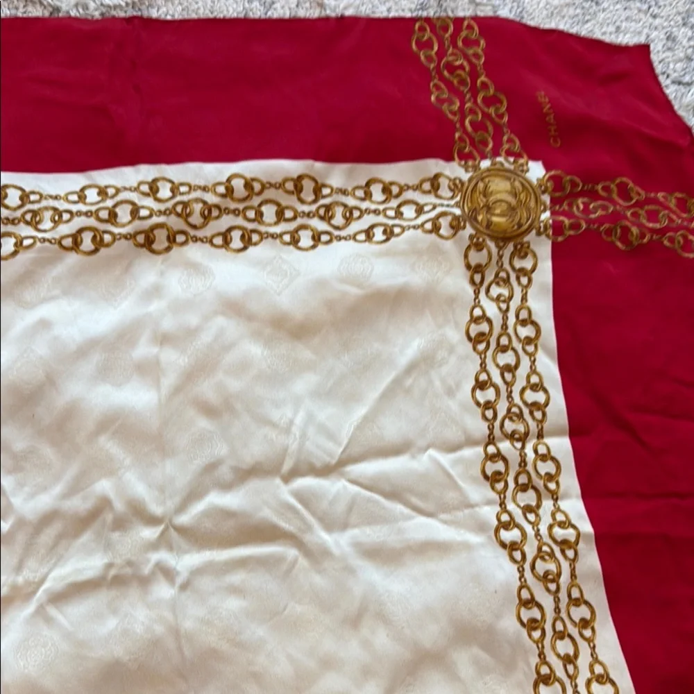 Authentic CHANEL Elegant Silk Red and Gold Scarf